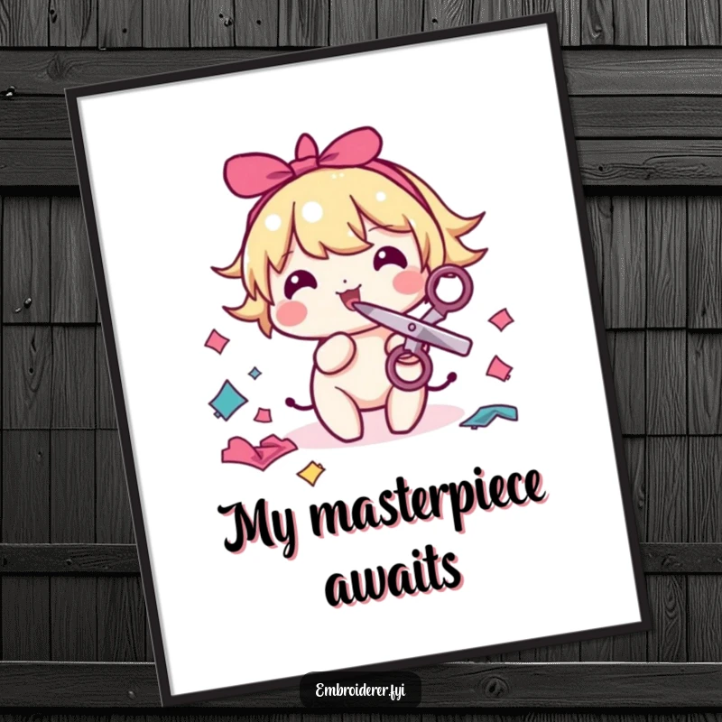 Funny sewing digital art print of a character with scissors in its mouth, playfully snipping colorful fabric scraps, vibrant and humorous.