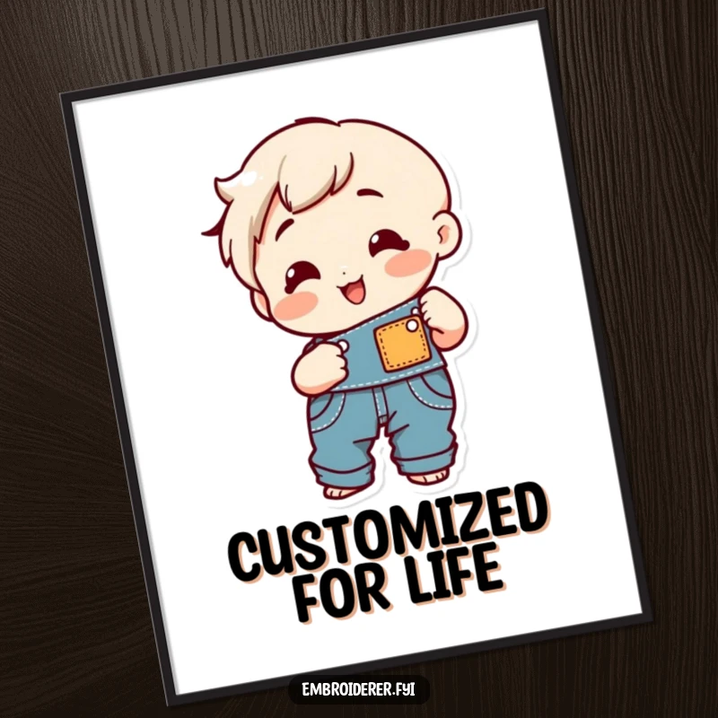 Funny cheerful character happily sewing a patch onto overalls, depicted in a digital art print.