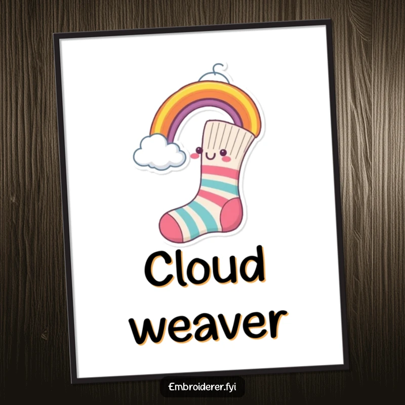 Funny Digital Art Print of a cheerful sock sewing a vibrant rainbow onto a cloud.