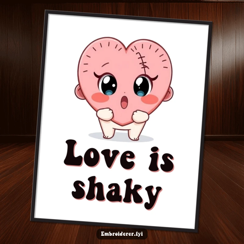 Funny digital art print of a surprised character looking wide-eyed at a wobbly, half-finished stitched heart.