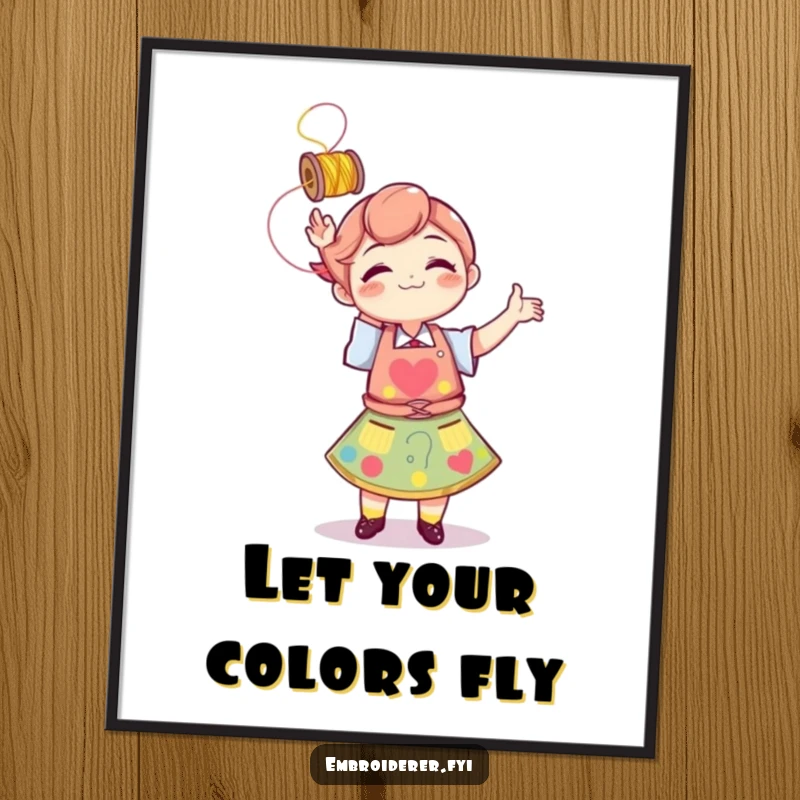 Funny character in an apron playfully tossing a spool of thread, a digital art print symbolizing vibrant creativity.