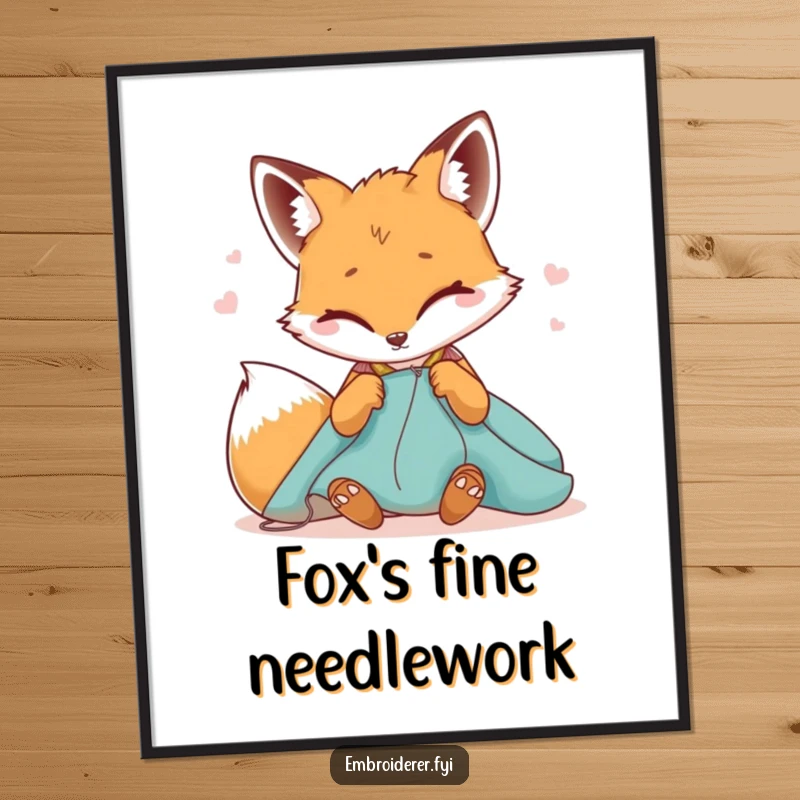 Funny digital art print of a winking fox meticulously stitching fabric, perfect for framing and adding sly craft humor.