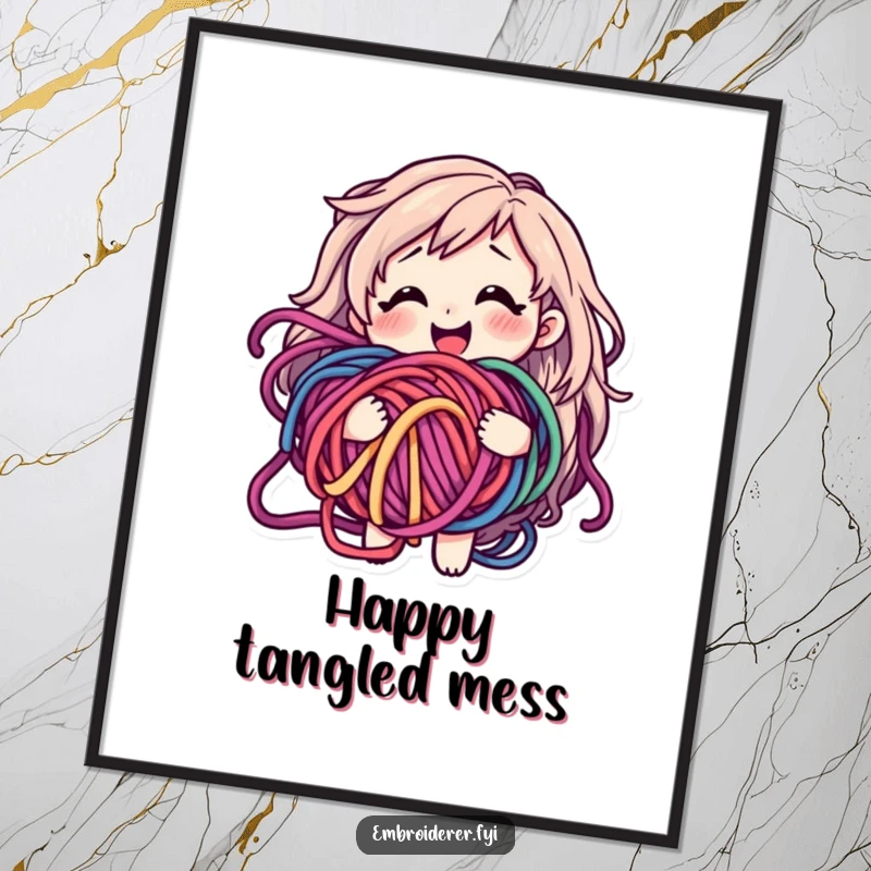 Funny digital art print of a smiling character looking bewildered but happy holding a tangled ball of colorful yarn.