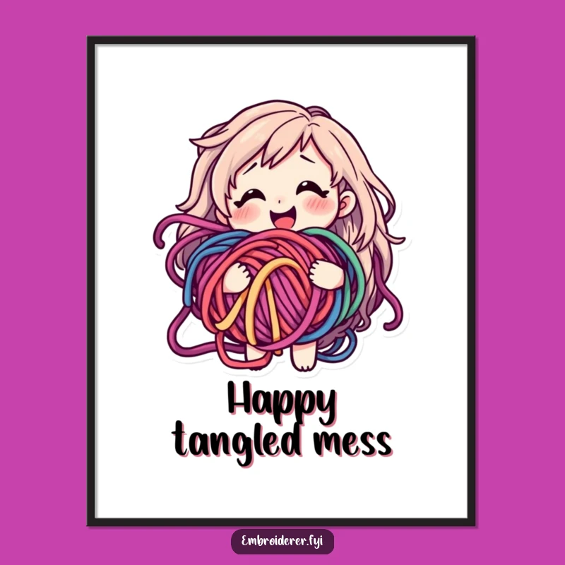 Funny Yarn Tangled Digital Print: Happy Bewildered Crafter Art
