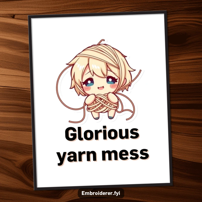 Funny digital art print of a character comically tangled in yarn, looking flustered but smiling, perfect for humorous craft room decor.