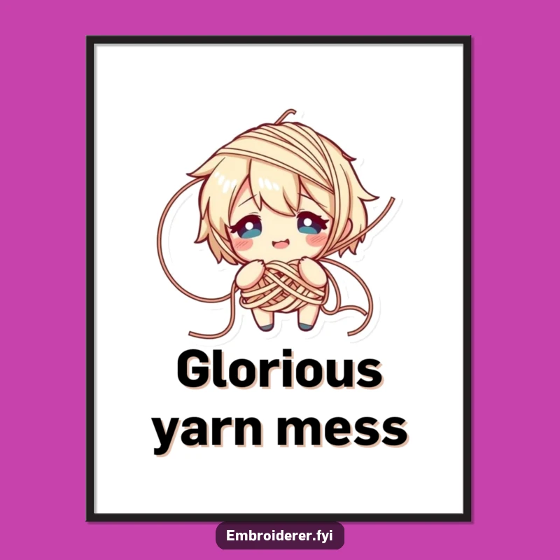 Funny Yarn Tangle Digital Art: Flustered Knitter Print for Decor