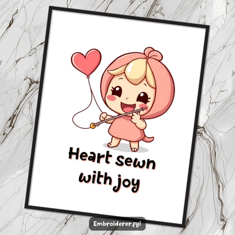 Funny character enthusiastically stitching a flying heart icon with a giant needle, a digital art print symbolizing love.