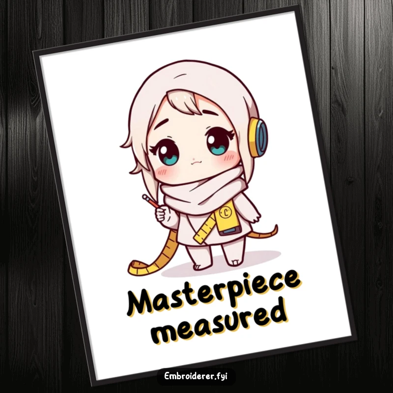 Funny crafter digital art print of a character with a measuring tape scarf, looking amazed at their finished creation, vibrant and inspiring.