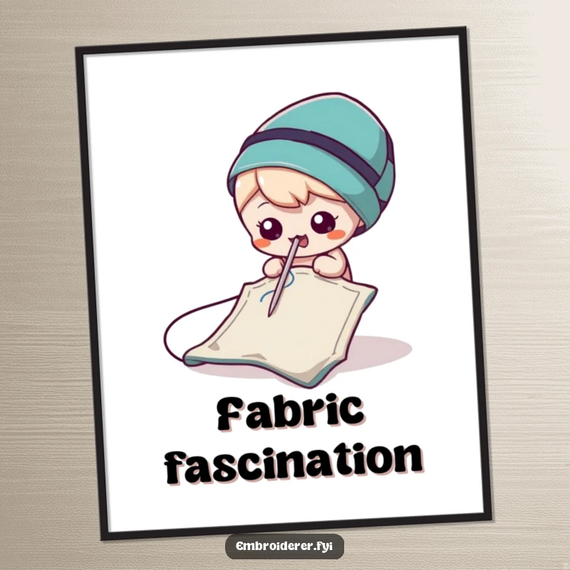 Funny Needle Digital Art Print of a mischievous needle playfully poking a scrap of fabric, full of sewing spirit.