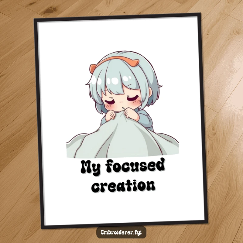 Funny Digital Art Print: A character concentrating intently while guiding a needle through fabric, celebrating the art of focused creation.