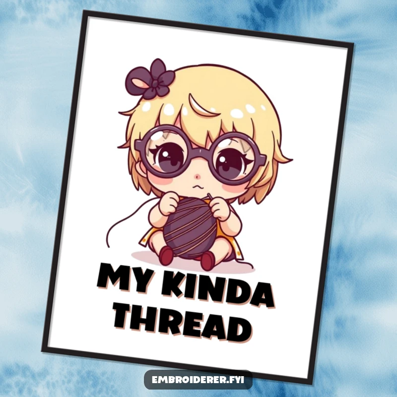 Funny digital art print of a cute character with oversized round glasses, concentrating on sewing with a needle and thread.