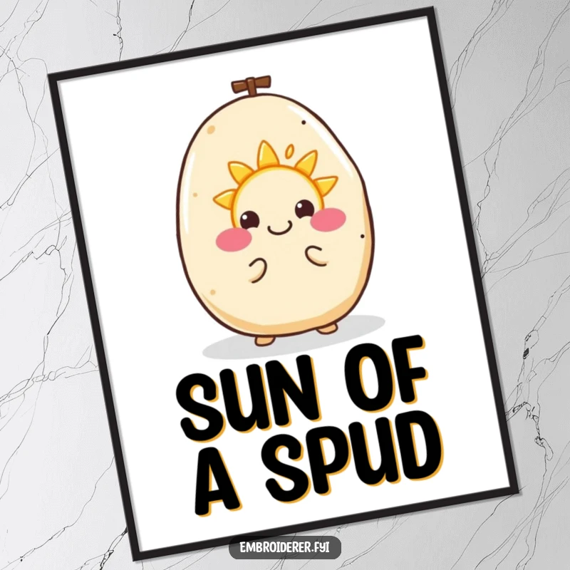 Funny digital art print of a happy potato happily embroidering a tiny smiling sun, radiating creativity.