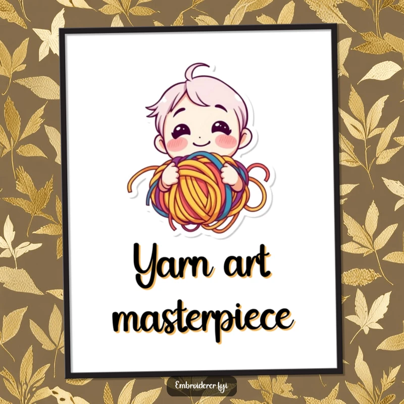 Funny yarn lover digital art print of a smiling character happily bewildered by tangled colorful yarn, for decor.