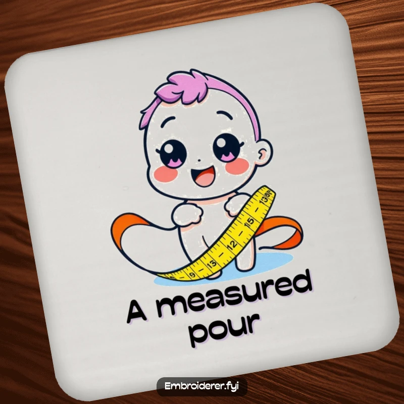 Funny drink coasters with a happy character measuring fabric using a colorful tape measure, adding a touch of crafty charm.