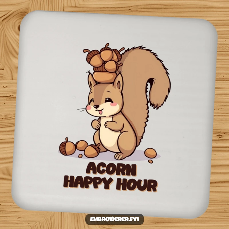 Funny drink coaster featuring a squirrel balancing a tower of acorns on its head, adding whimsical charm to tables.