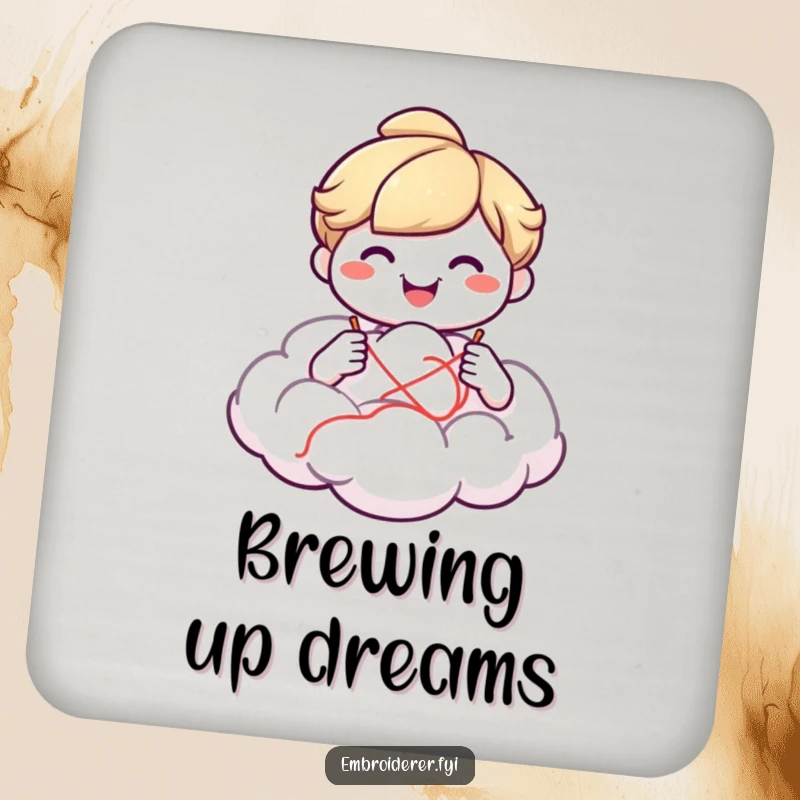 Funny smiling character creating a fluffy cloud on drink coasters, adding whimsical humor and surface protection.