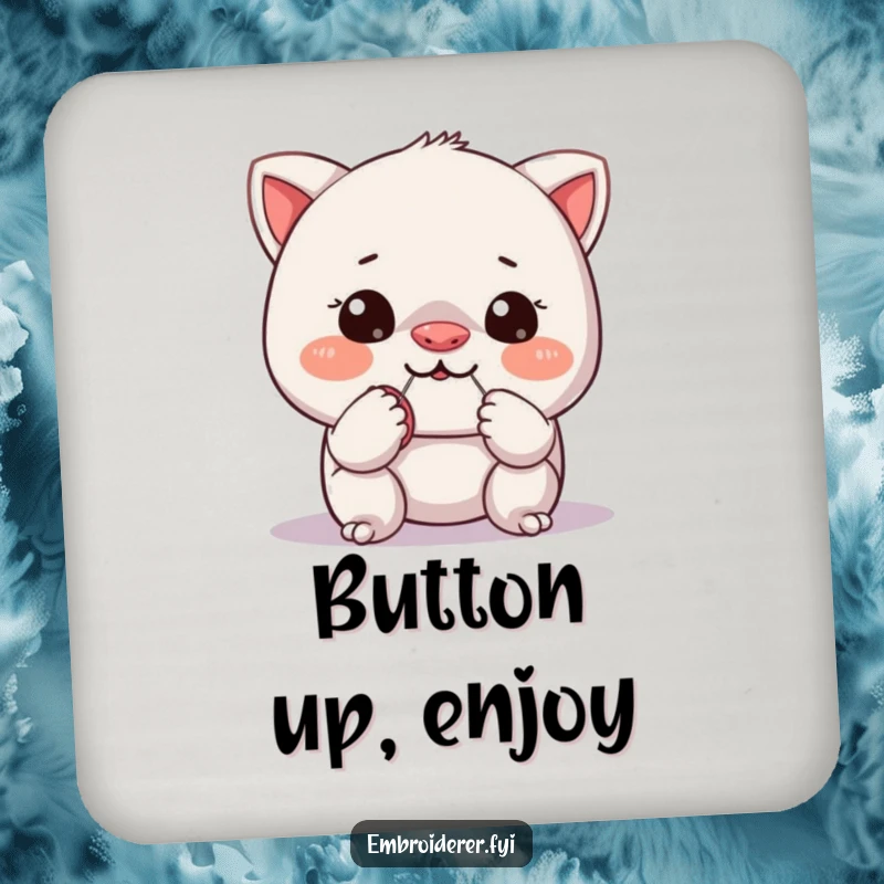 Funny coaster featuring a mischievous character trying to sew a tiny button onto its own nose, a humorous sewing-themed accessory.