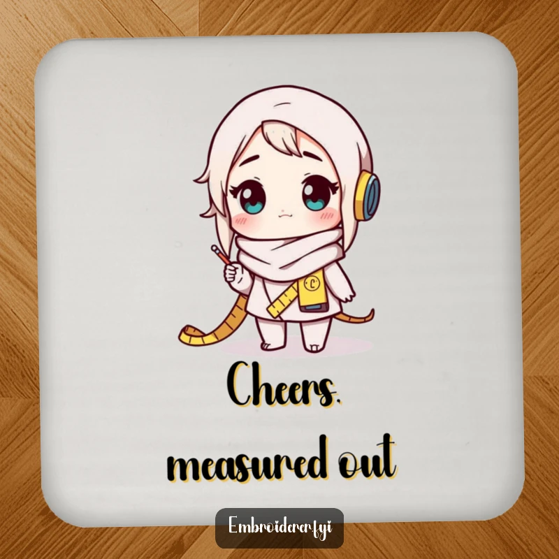Funny crafter coaster featuring a character with a measuring tape scarf, looking amazed at their creation, a stylish surface protector.