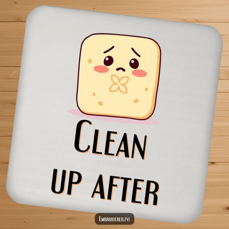 Funny drink coaster with a confused bar of soap hilariously carving a tiny pattern into itself.