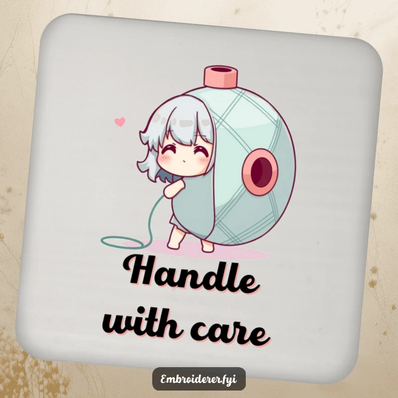 Funny Drink Coasters depicting a character adorably struggling with a gigantic spool of embroidery floss, a humorous accessory.