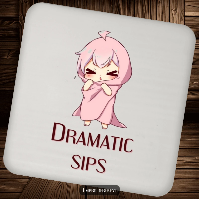 Funny drink coaster featuring a character draped in fabric, striking a silly, dramatic pose, protecting surfaces with a humorous theatrical touch.
