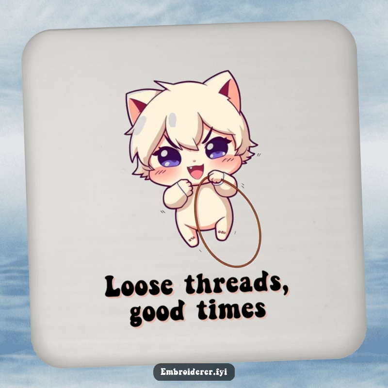 Funny Drink Coaster: Mischievous character humorously pulling a loose thread from fabric, protecting surfaces with a playful, artistic touch.