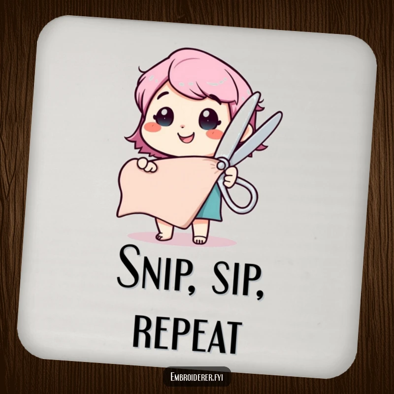 Funny coaster featuring a happy character with comically large scissors, poised to cut a fabric swatch.