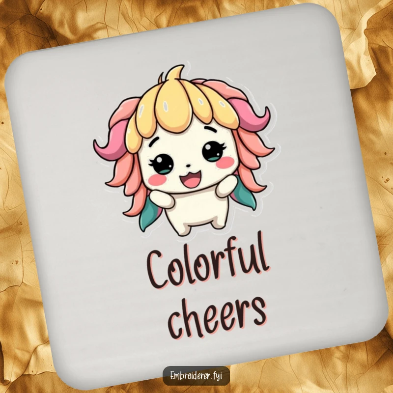 Funny drink coaster featuring a proud character displaying a slightly lopsided but colorful creation, protecting surfaces with handmade charm.