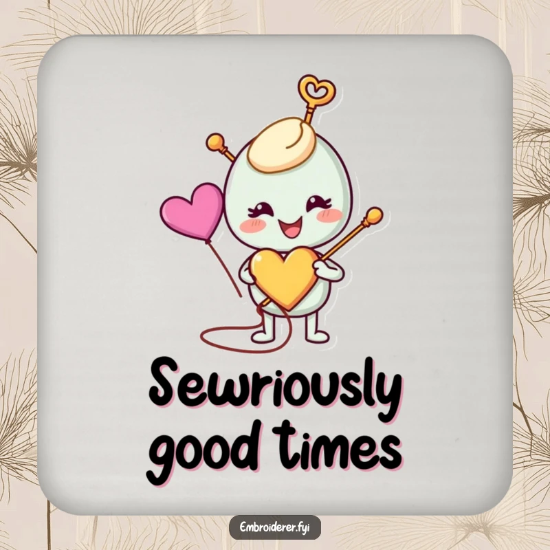 Funny anthropomorphic needle stitching a colorful heart on drink coasters, bringing sewing charm and handmade love to tabletops, perfect for funny coaster collectors.