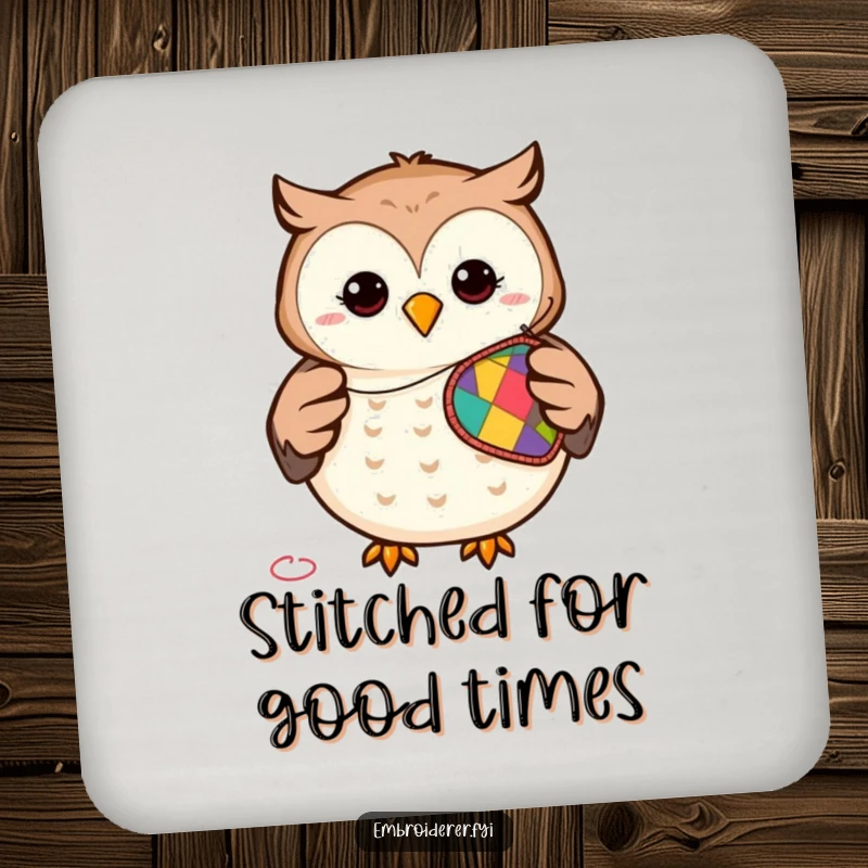 Funny coaster showcasing a smiling owl sewing a patch, offering surface protection with a delightful craft-themed humor.