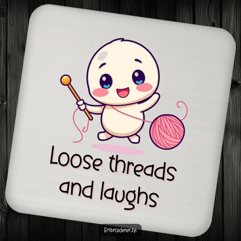 Funny drink coaster showing a character comically chasing a spool of thread, protecting surfaces with humor.