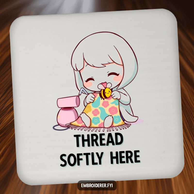 Funny drink coaster showcasing a character sewing a smiling bee, adding a touch of humor to table protection.