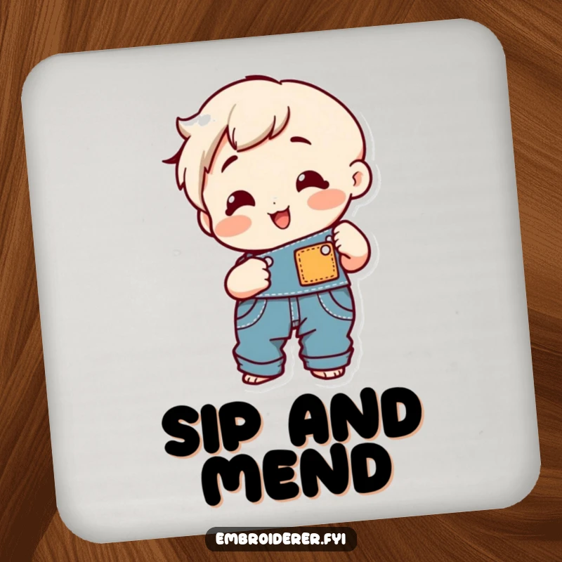 Funny cheerful character sewing a patch onto overalls on a drink coaster.