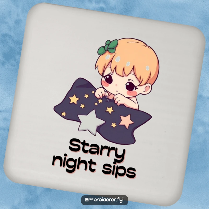 Funny coaster featuring a determined character carefully stitching tiny stars onto dark fabric, a celestial crafting accessory.