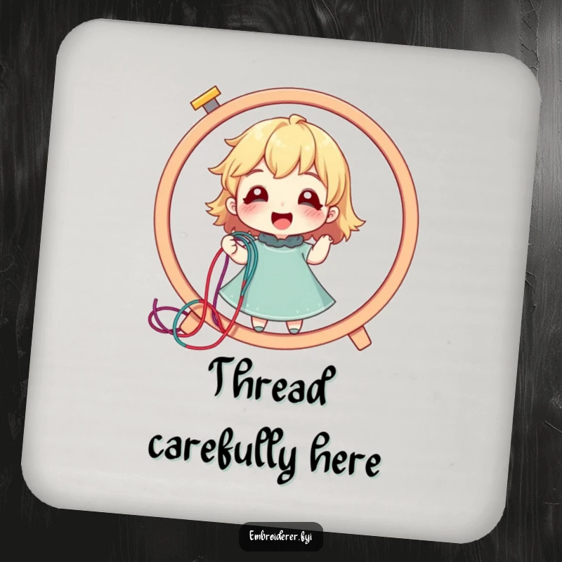 Funny drink coaster with a delighted character pulling a long colorful thread from an embroidery hoop, protecting surfaces.