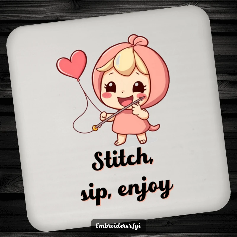 Funny character stitching a flying heart icon with a giant needle, depicted on a drink coaster for home decor.