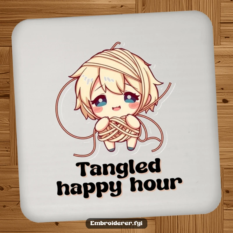 Funny drink coaster featuring a character comically tangled in yarn, looking flustered but smiling, protecting surfaces with knitting humor.