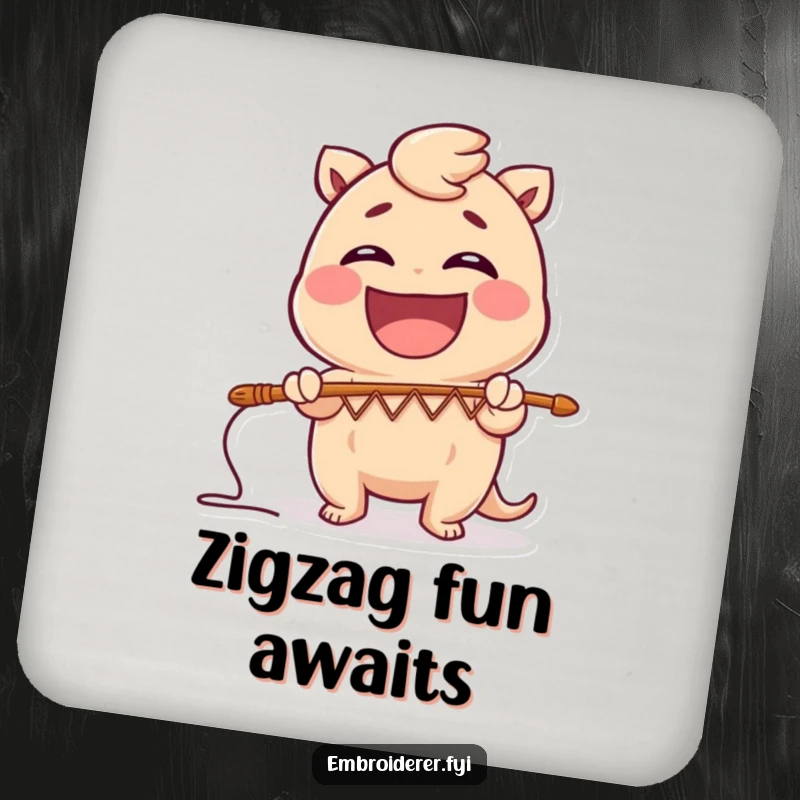 Funny drink coaster featuring a character creating a zig-zag stitch pattern, protecting surfaces with comical artistic humor.