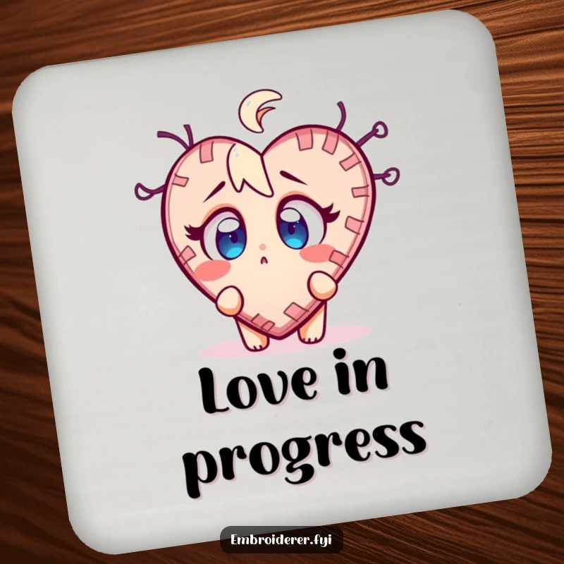 Funny stitch surprise coasters with a character wide-eyed at a wobbly, half-finished stitched heart, for table protection.