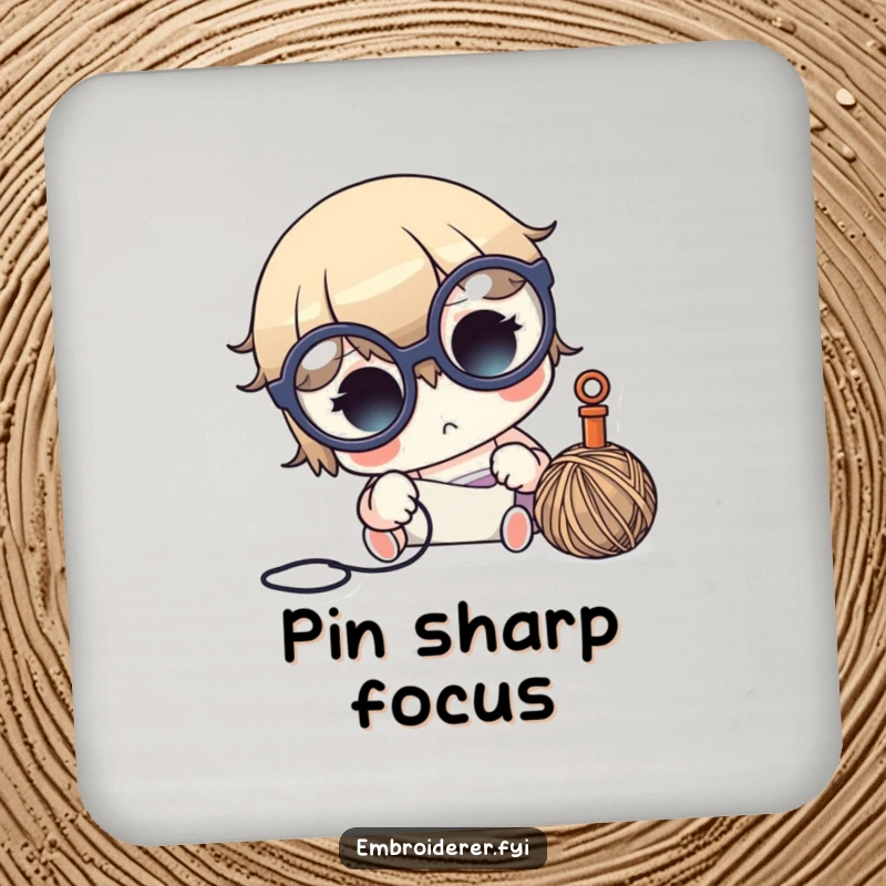 Funny crafter coasters with a cute character in big glasses, focused on needle and thread, for table protection.