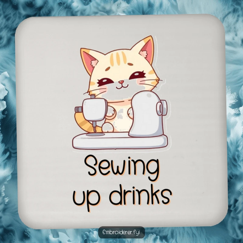 Funny coaster showcasing a determined cat sewing, offering surface protection with a humorous and focused craft theme.