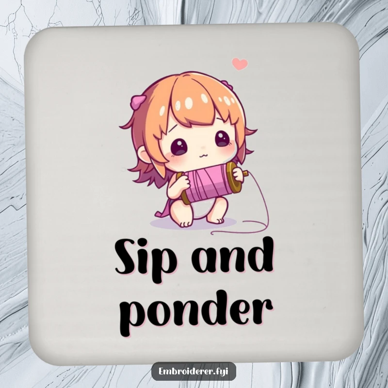 Funny drink coasters with a curious character examining a spool of thread with wonder, adding a touch of artistic intrigue.