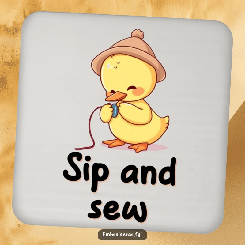 Funny drink coaster featuring a cute duck in a small hat struggling to sew a button, adding whimsical charm to tables.