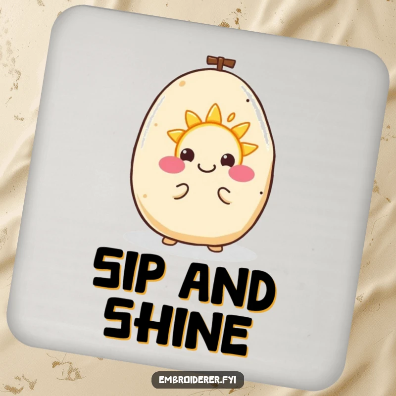 Funny drink coaster with a happy potato enthusiastically embroidering a tiny smiling sun, adding cheerful art.