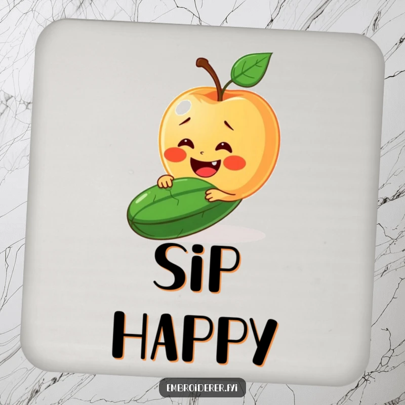 Funny drink coaster with a delighted apple trying to stitch a smile onto a grumpy cucumber.