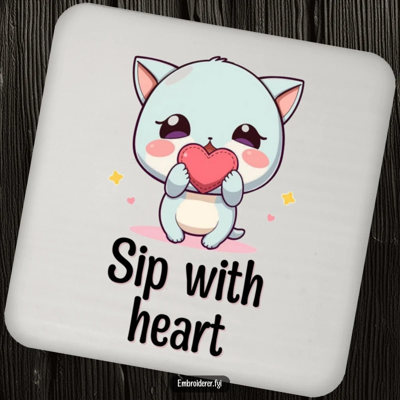 Funny Coasters: A character excitedly displaying a small, unevenly stitched embroidered heart, protecting tables with cute art.