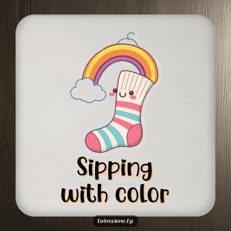 Funny Drink Coaster featuring a cheerful sock sewing a rainbow onto a cloud.