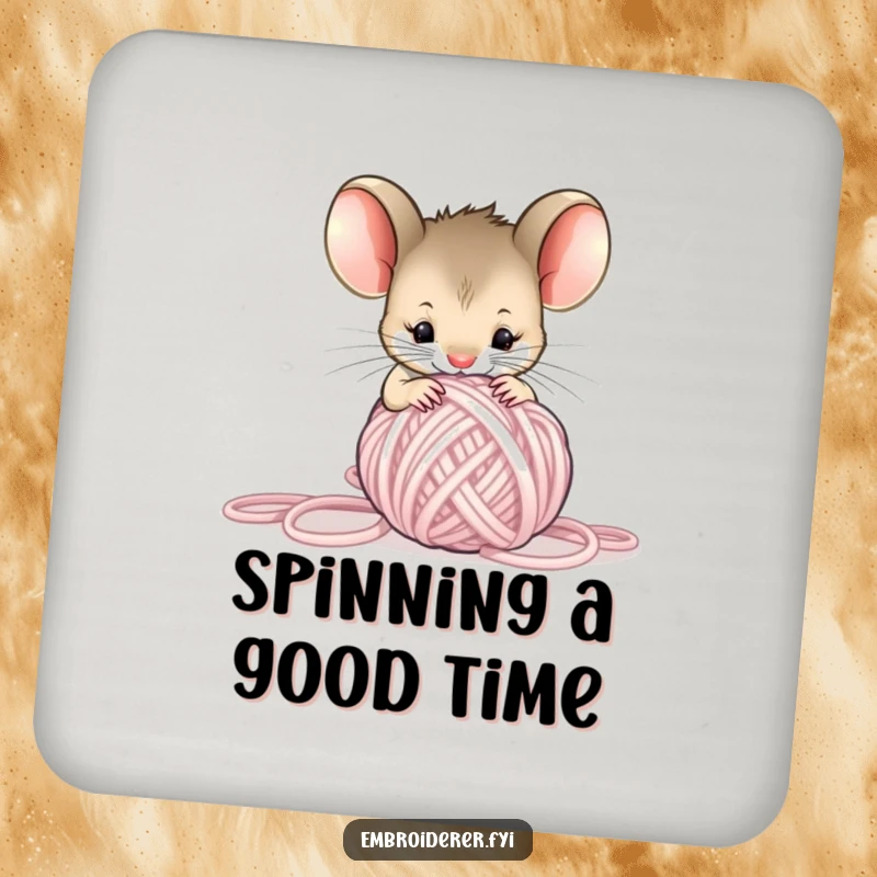 Funny Mouse Yarn Coaster, a curious mouse tangled in yarn, cute and humorous drink coaster for table protection.