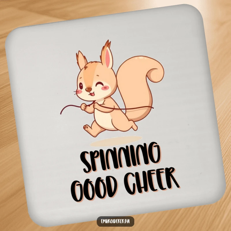 Funny Squirrel Thread Coaster, a playful squirrel running with thread, cute and humorous drink coaster for table protection.