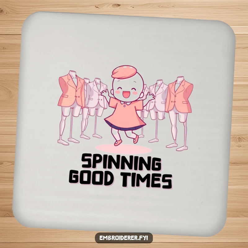 Funny Drink Coasters depicting a character doing a happy dance surrounded by floating embroidery hoops, a humorous accessory.
